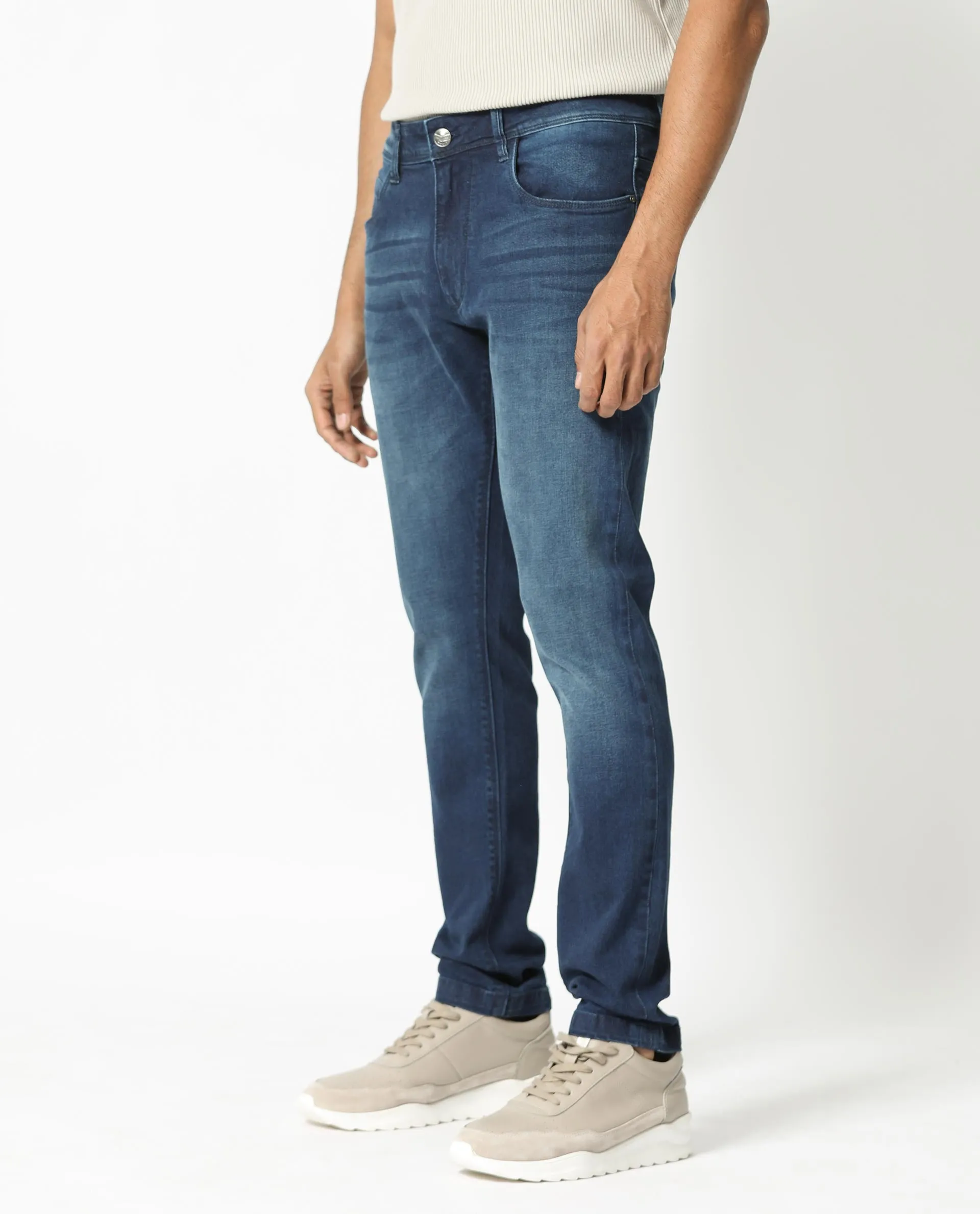 Rare Rabbit Men's Night Light Blue Mid Wash Mid-Rise Slim Fit Jeans