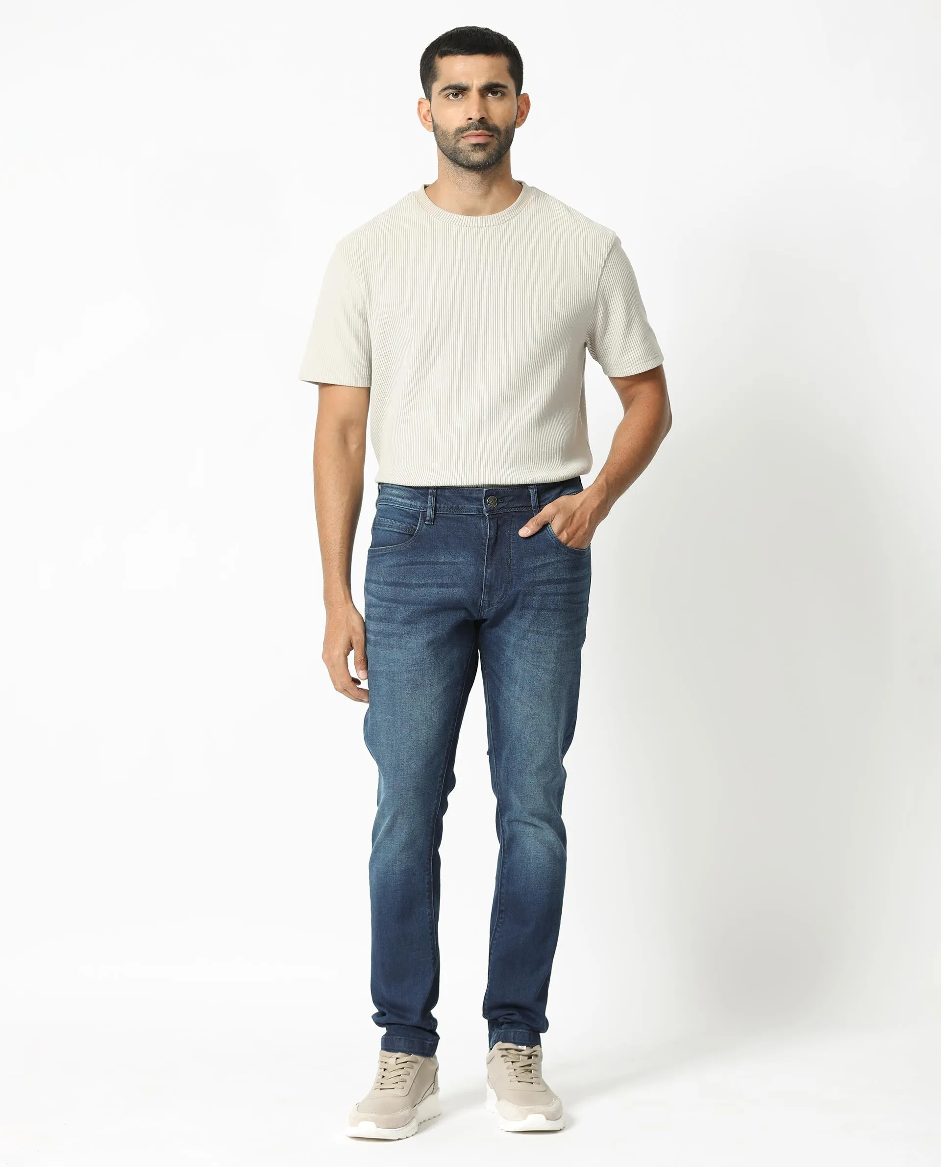Rare Rabbit Men's Night Light Blue Mid Wash Mid-Rise Slim Fit Jeans