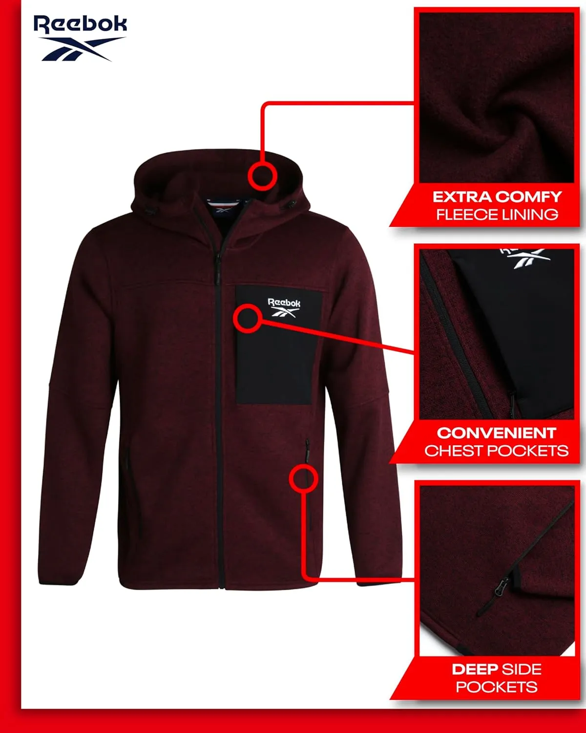 Reebok Men's Sweater Jacket - Fleece Lined Weather Resistant Insulated Outerwear - Cozy Sweater Jackets for Men (Sizes:M-XXL)