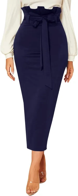 Rooscier Women's Ruffle High Waist Self Tie Belt Straight Elegant Party Long Skirt