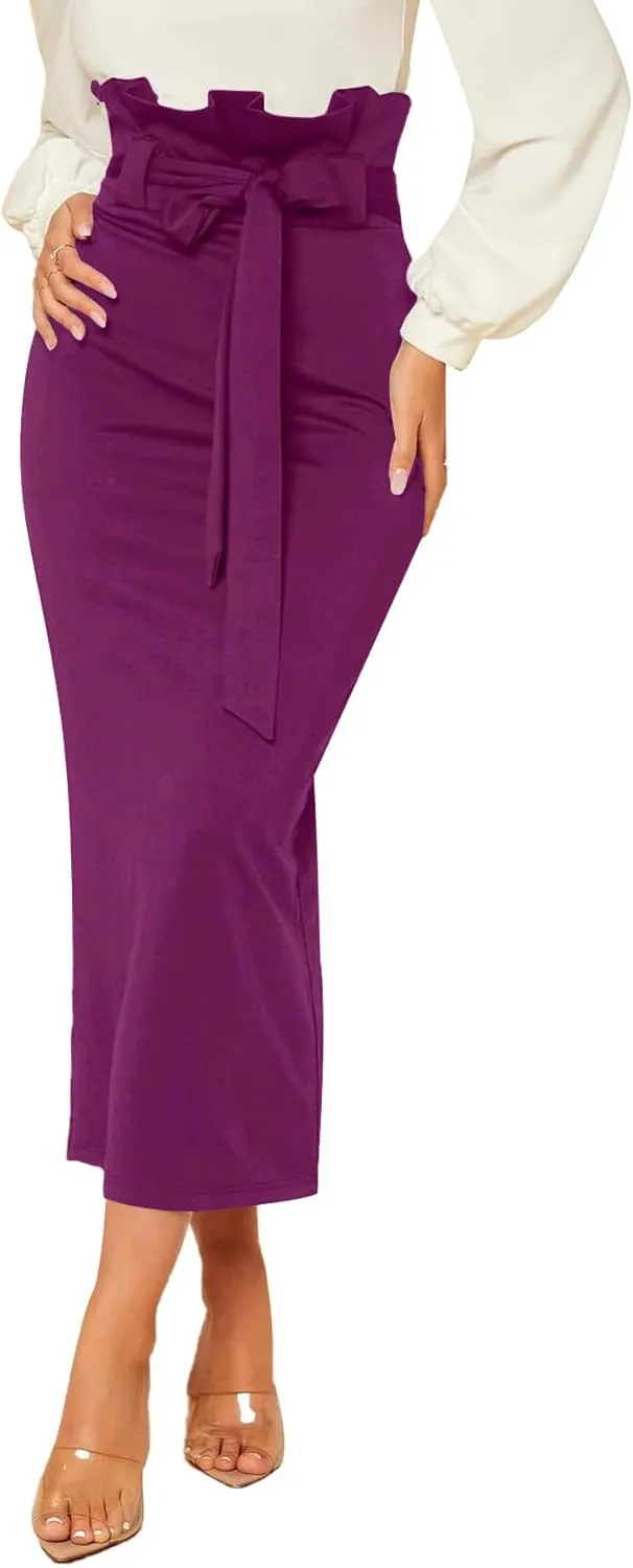Rooscier Women's Ruffle High Waist Self Tie Belt Straight Elegant Party Long Skirt