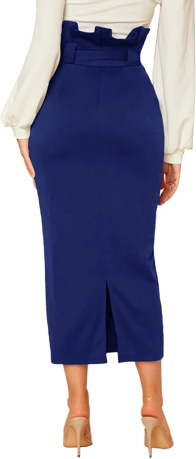 Rooscier Women's Ruffle High Waist Self Tie Belt Straight Elegant Party Long Skirt