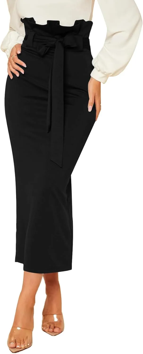 Rooscier Women's Ruffle High Waist Self Tie Belt Straight Elegant Party Long Skirt