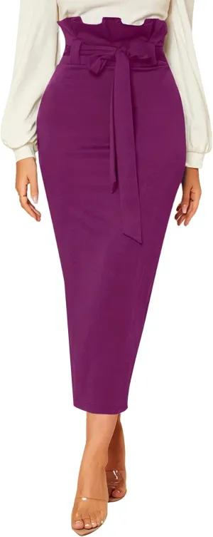 Rooscier Women's Ruffle High Waist Self Tie Belt Straight Elegant Party Long Skirt