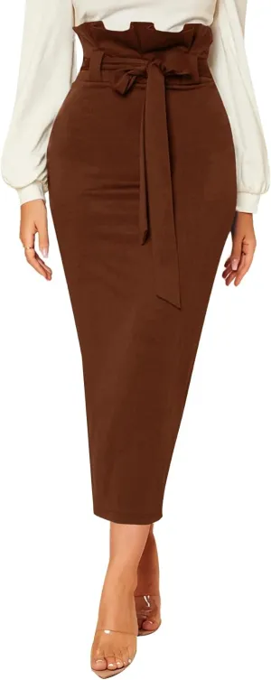 Rooscier Women's Ruffle High Waist Self Tie Belt Straight Elegant Party Long Skirt