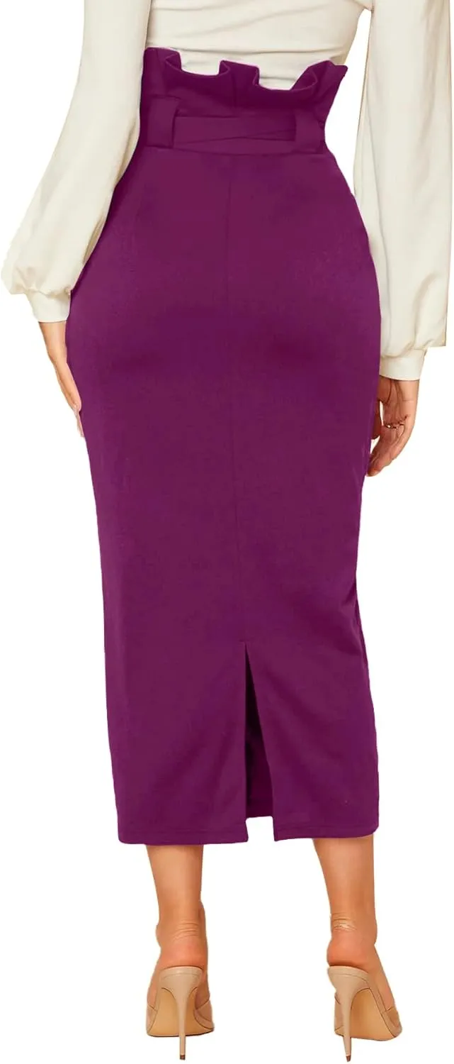 Rooscier Women's Ruffle High Waist Self Tie Belt Straight Elegant Party Long Skirt