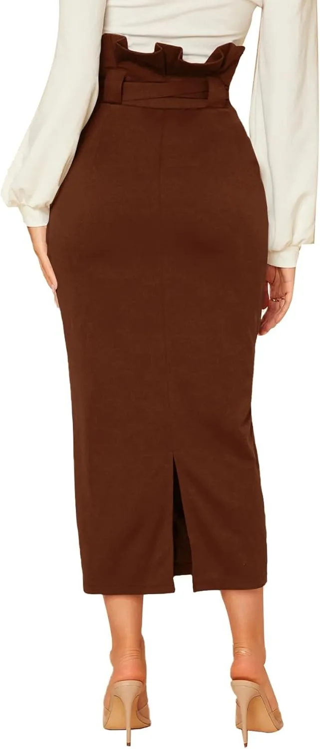 Rooscier Women's Ruffle High Waist Self Tie Belt Straight Elegant Party Long Skirt