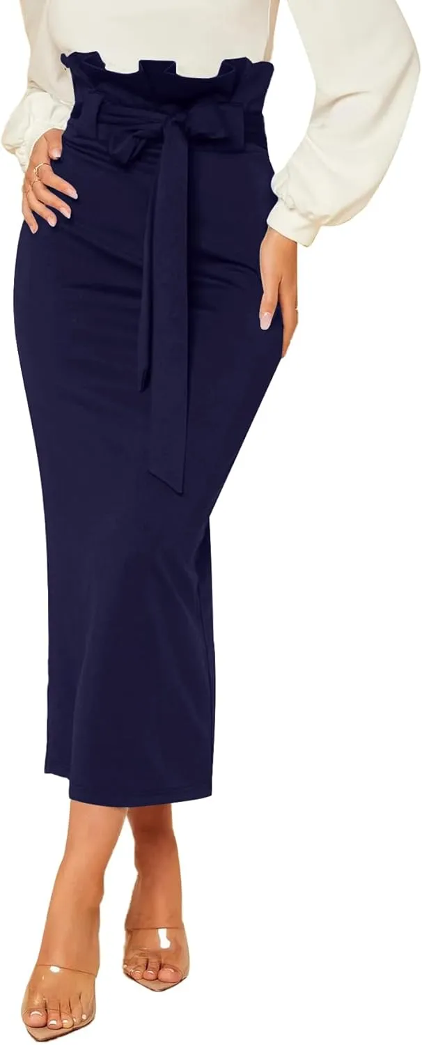 Rooscier Women's Ruffle High Waist Self Tie Belt Straight Elegant Party Long Skirt