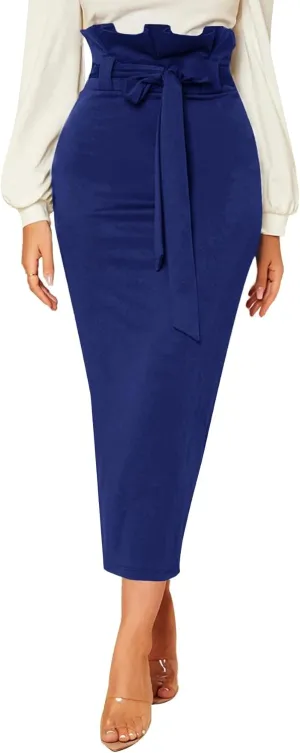 Rooscier Women's Ruffle High Waist Self Tie Belt Straight Elegant Party Long Skirt