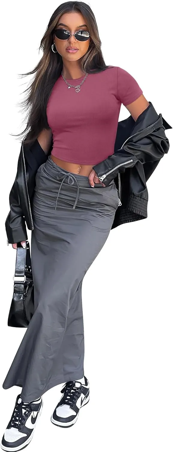 SAMPEEL Crop Tops for Women Summer Trendy Tight Tshirts 2024 Slim Fit