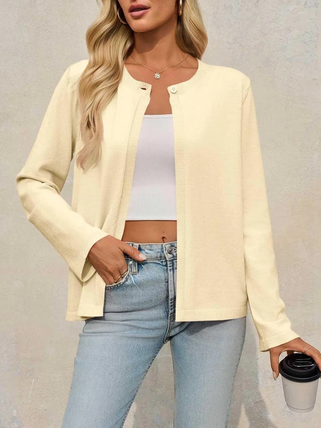 Saodimallsu Womens Lightweight Cardigans Open Front Long Sleeve One Button Casual Crewneck Loose Knit Shrug Sweater