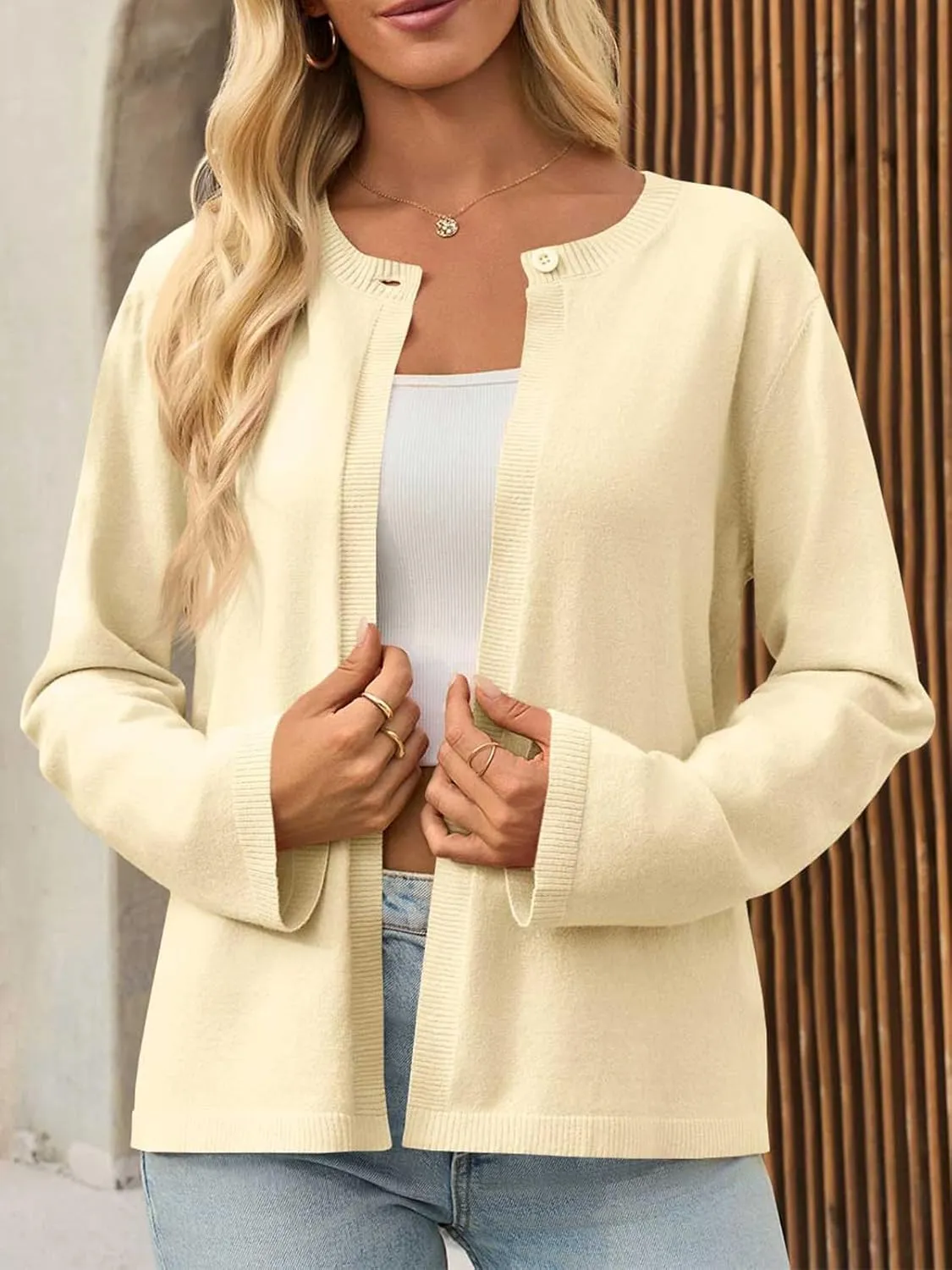 Saodimallsu Womens Lightweight Cardigans Open Front Long Sleeve One Button Casual Crewneck Loose Knit Shrug Sweater