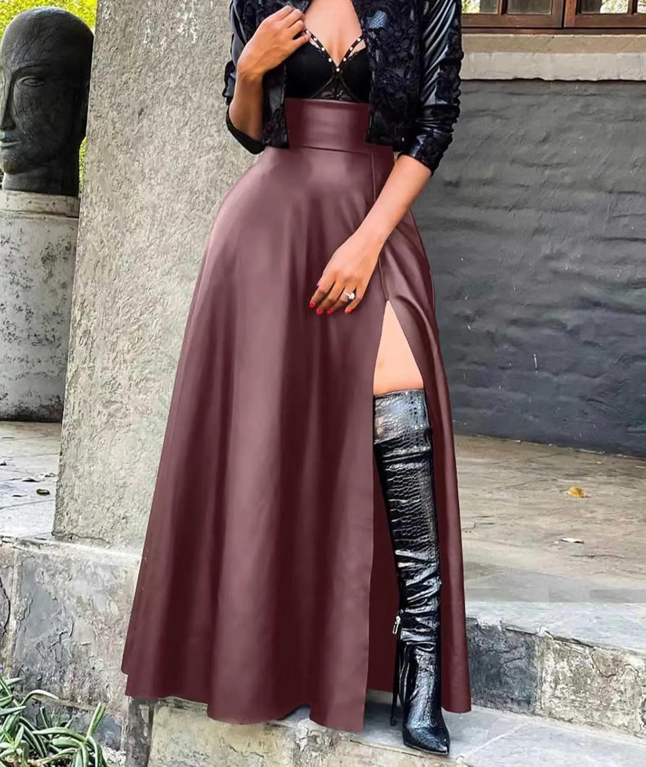 SEMATOMALA Women's Black Faux Leather Maxi Slit Skirt High Waisted A Line Long Swing Vintage Party Club Skirts
