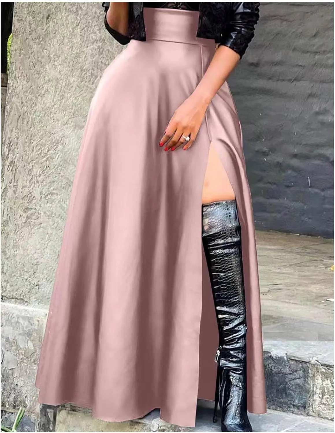 SEMATOMALA Women's Black Faux Leather Maxi Slit Skirt High Waisted A Line Long Swing Vintage Party Club Skirts