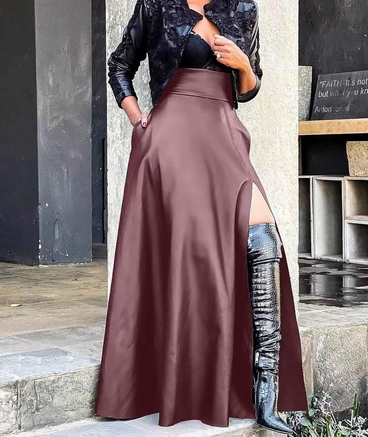 SEMATOMALA Women's Black Faux Leather Maxi Slit Skirt High Waisted A Line Long Swing Vintage Party Club Skirts