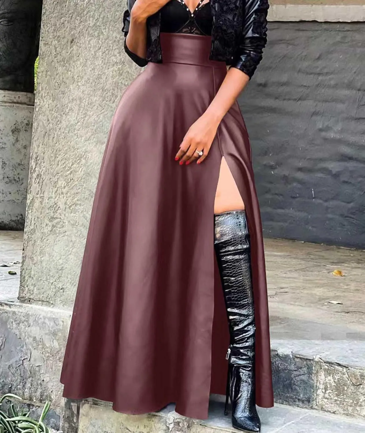 SEMATOMALA Women's Black Faux Leather Maxi Slit Skirt High Waisted A Line Long Swing Vintage Party Club Skirts