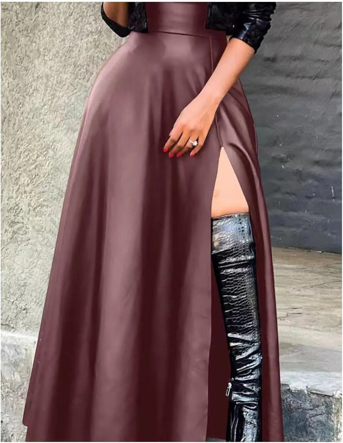 SEMATOMALA Women's Black Faux Leather Maxi Slit Skirt High Waisted A Line Long Swing Vintage Party Club Skirts