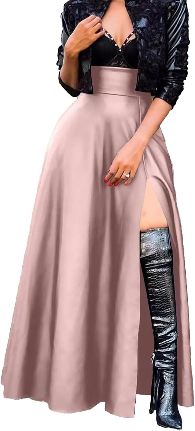 SEMATOMALA Women's Black Faux Leather Maxi Slit Skirt High Waisted A Line Long Swing Vintage Party Club Skirts