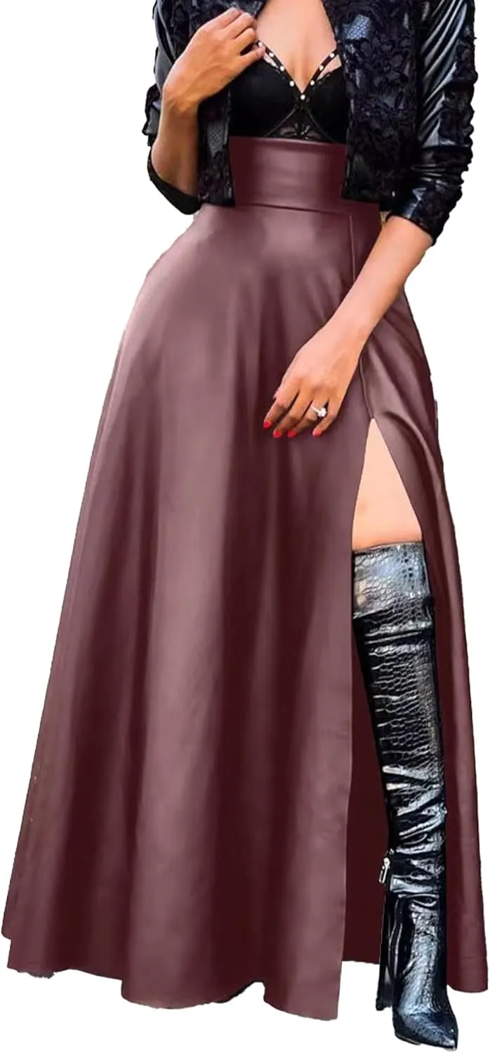 SEMATOMALA Women's Black Faux Leather Maxi Slit Skirt High Waisted A Line Long Swing Vintage Party Club Skirts