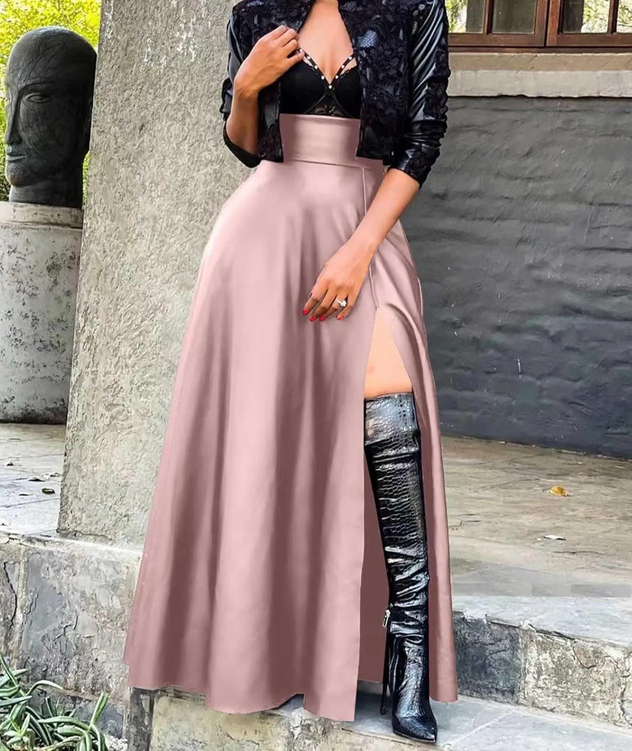 SEMATOMALA Women's Black Faux Leather Maxi Slit Skirt High Waisted A Line Long Swing Vintage Party Club Skirts