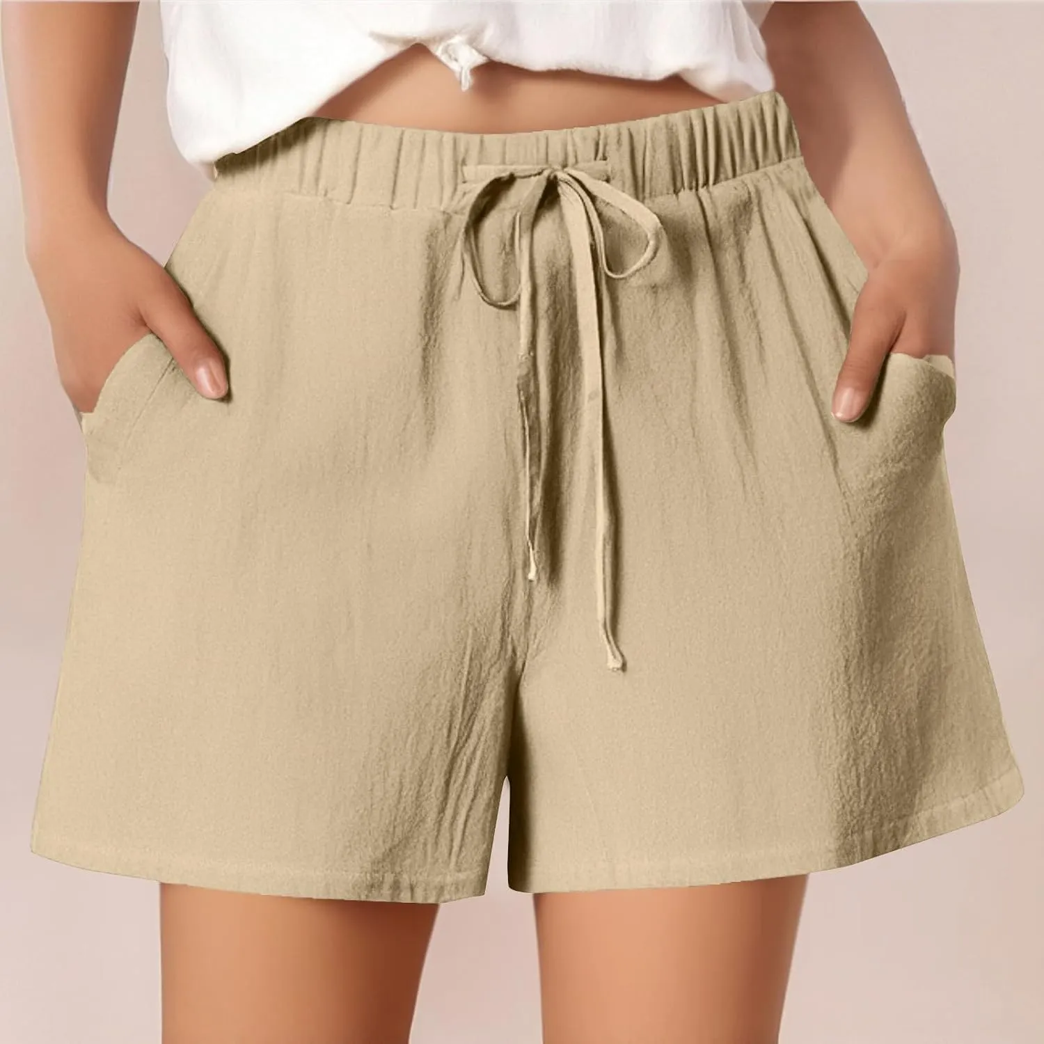 Shorts for Women 2025 Trendy Summer Elastic Beach Shorts with Pockets Linen Solid High Rise Travel Pants Loose Fashion