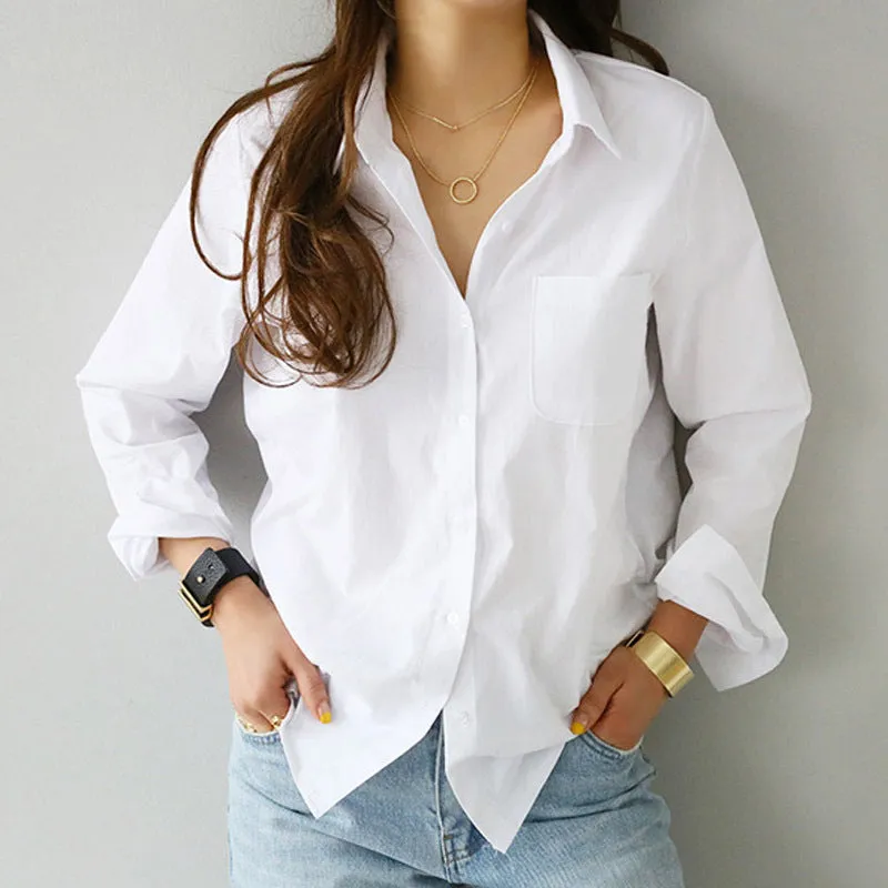 Solid Colored Long Sleeved Shirt Tops Minimalist Loose Slim Look Lapel Women Blouse