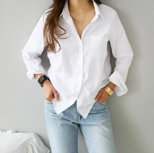 Solid Colored Long Sleeved Shirt Tops Minimalist Loose Slim Look Lapel Women Blouse