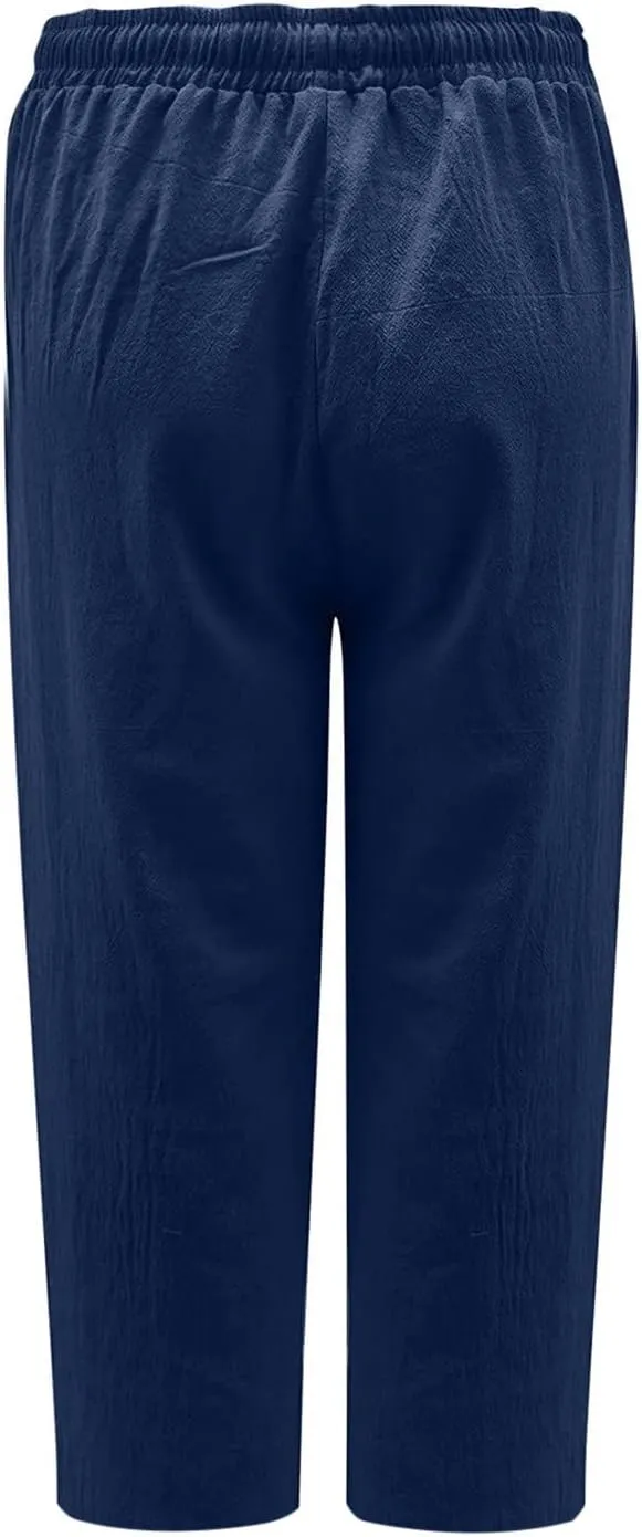 Straight Capris for Women with Pockets Stretch Elastic High Waist Drawstring Trousers Breathable Fashion Beach 2024