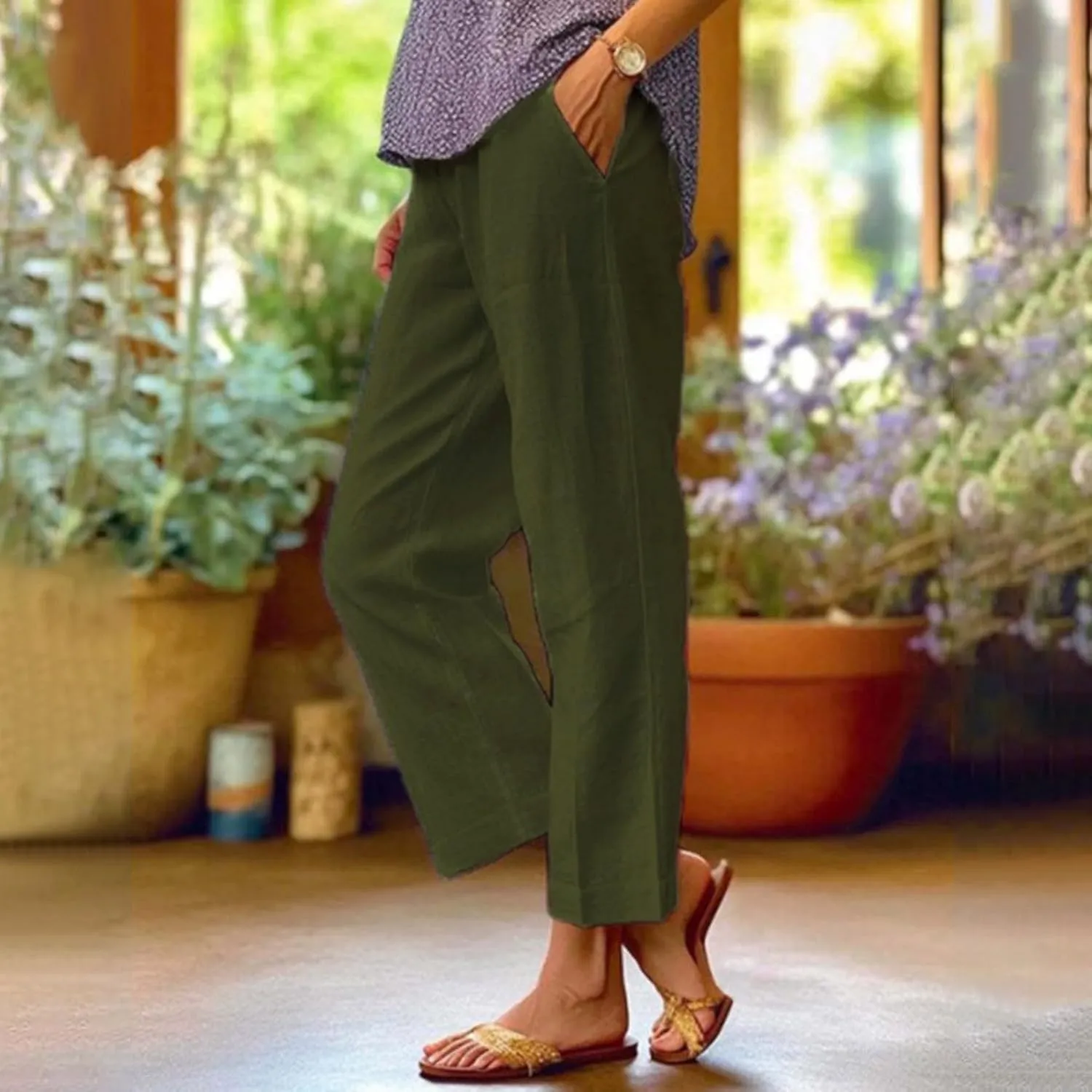Summer Casual Pants for Women Wide Leg Trousers Elastic Waist Lightweight Linen Blend High Waist Design Cozy