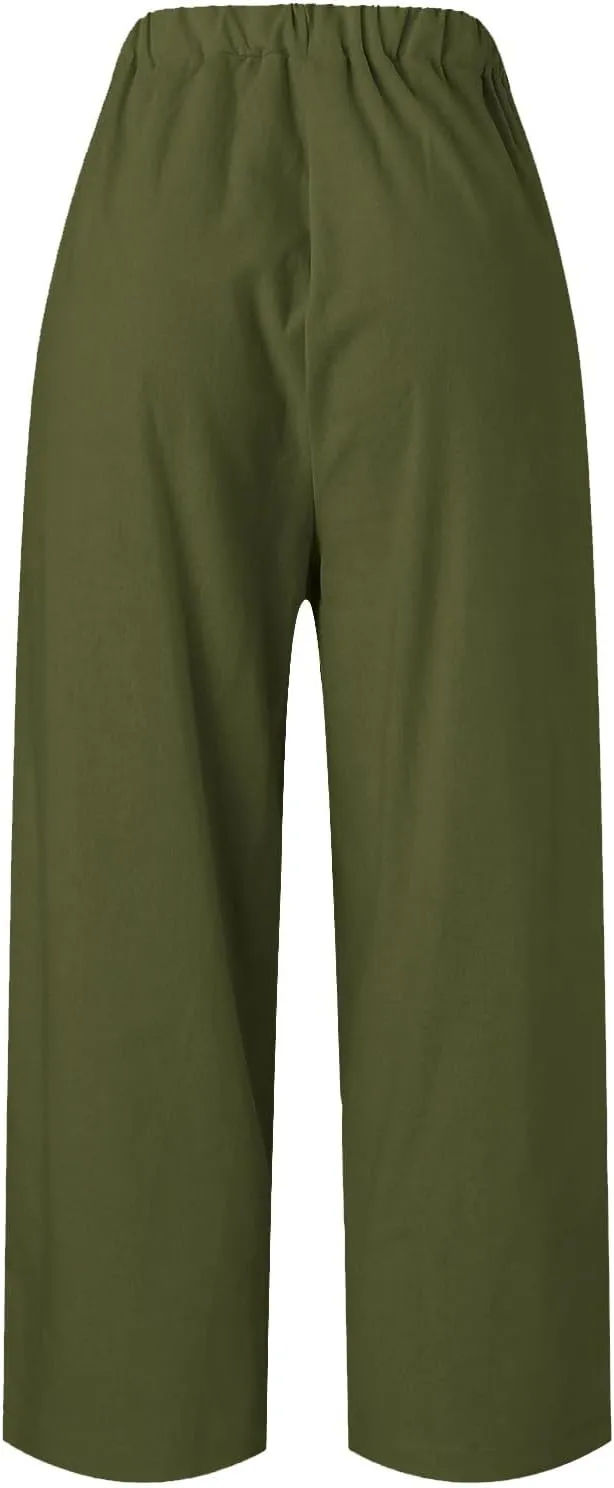 Summer Casual Pants for Women Wide Leg Trousers Elastic Waist Lightweight Linen Blend High Waist Design Cozy