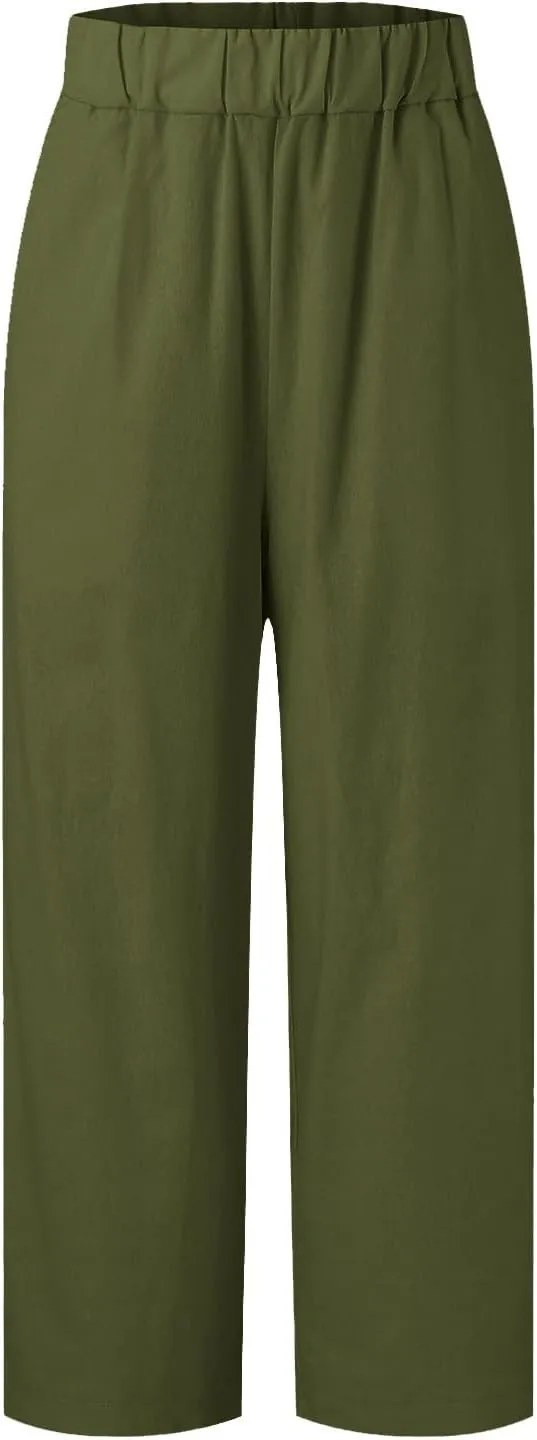 Summer Casual Pants for Women Wide Leg Trousers Elastic Waist Lightweight Linen Blend High Waist Design Cozy