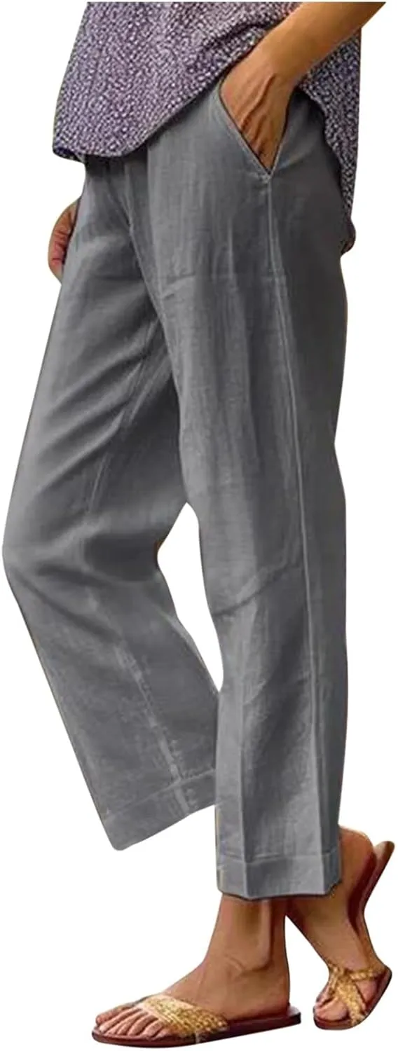 Summer Casual Pants for Women Wide Leg Trousers Elastic Waist Lightweight Linen Blend High Waist Design Cozy