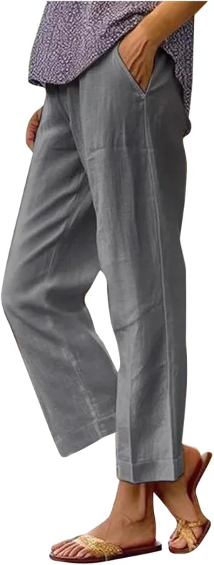 Summer Casual Pants for Women Wide Leg Trousers Elastic Waist Lightweight Linen Blend High Waist Design Cozy