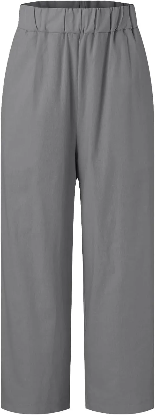 Summer Casual Pants for Women Wide Leg Trousers Elastic Waist Lightweight Linen Blend High Waist Design Cozy