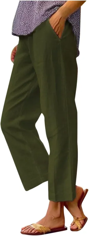 Summer Casual Pants for Women Wide Leg Trousers Elastic Waist Lightweight Linen Blend High Waist Design Cozy