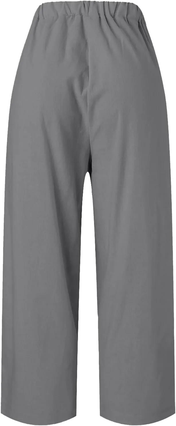 Summer Casual Pants for Women Wide Leg Trousers Elastic Waist Lightweight Linen Blend High Waist Design Cozy