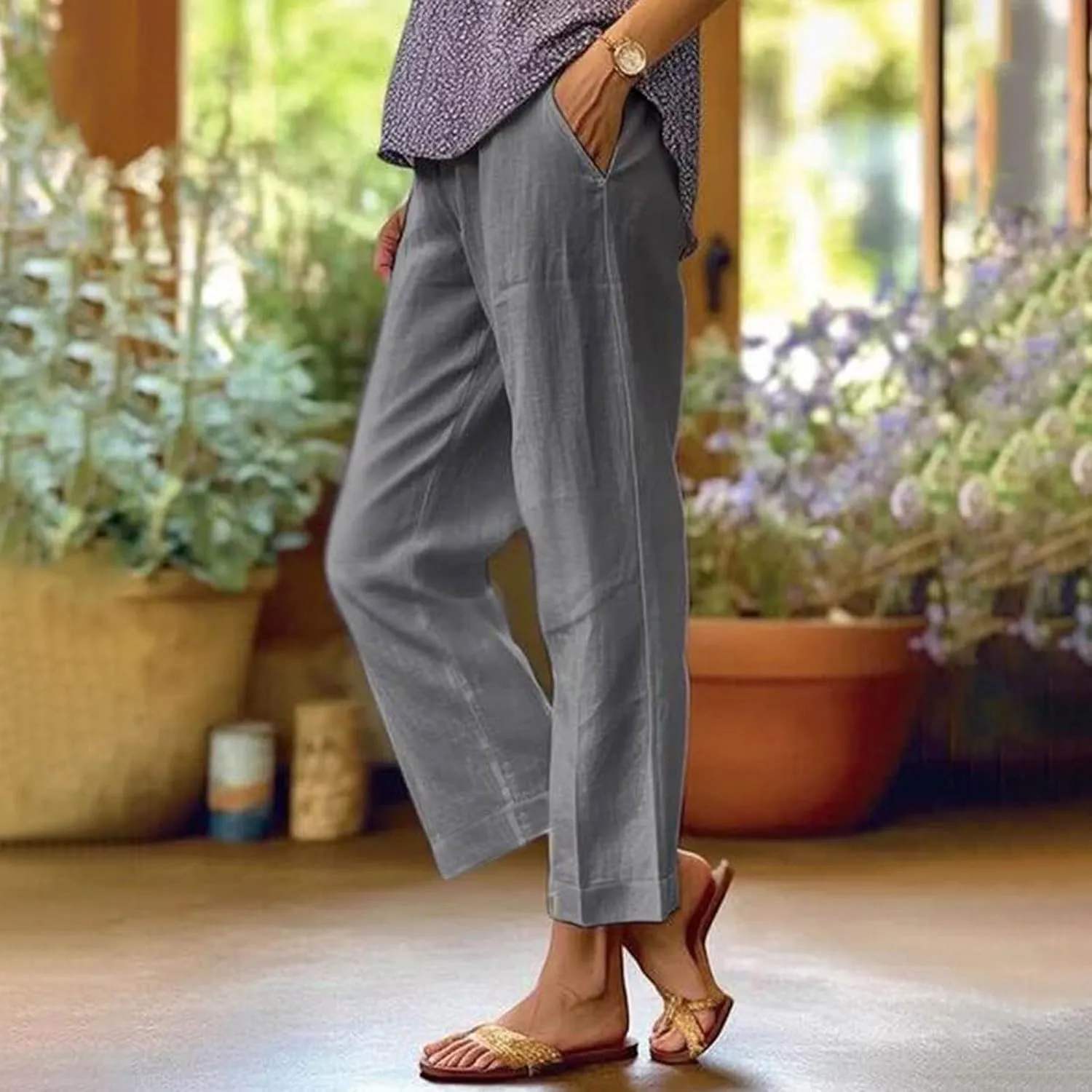Summer Casual Pants for Women Wide Leg Trousers Elastic Waist Lightweight Linen Blend High Waist Design Cozy