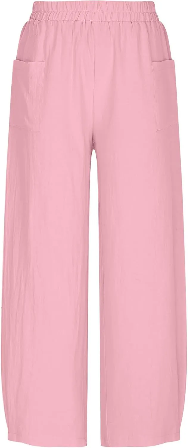 Summer Cotton Linen Pants Women Elastic Waist Straight Pant Wide Leg Beach Trousers Cozy Lightweight Resort Pants
