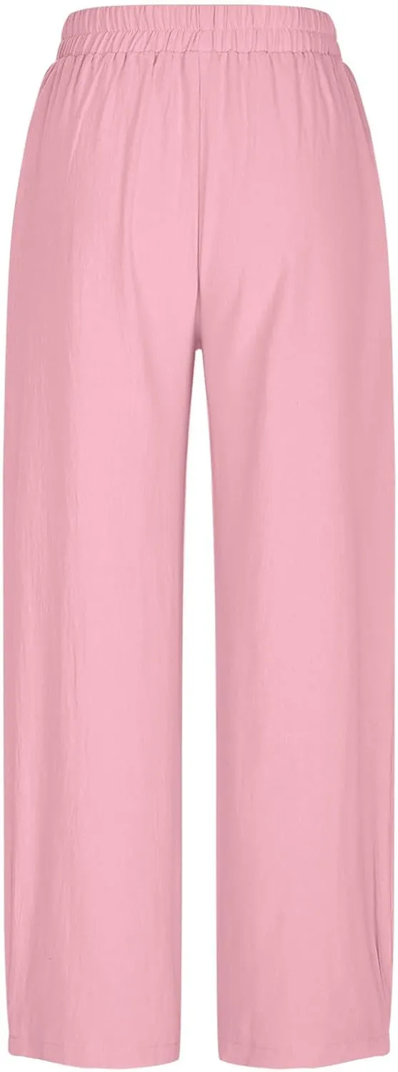 Summer Cotton Linen Pants Women Elastic Waist Straight Pant Wide Leg Beach Trousers Cozy Lightweight Resort Pants