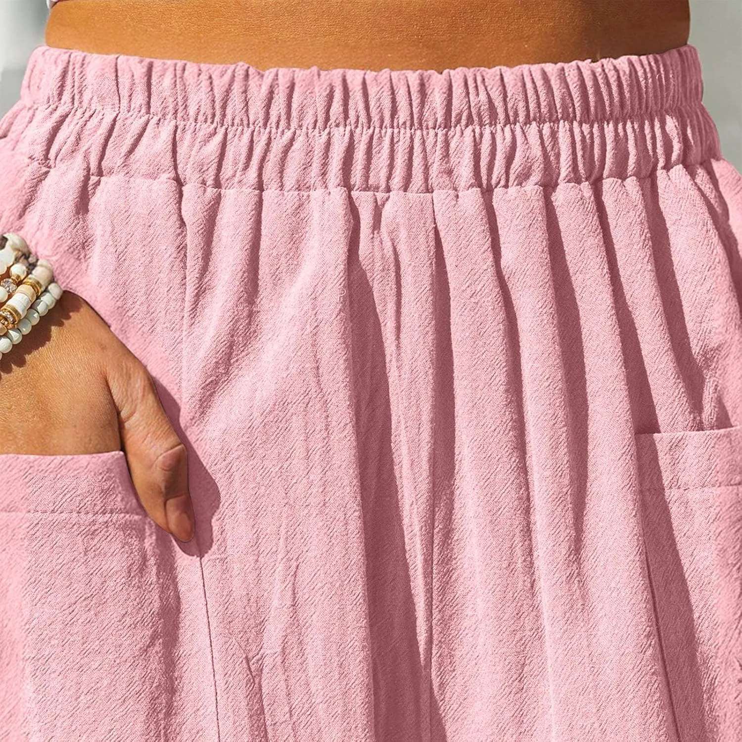 Summer Cotton Linen Pants Women Elastic Waist Straight Pant Wide Leg Beach Trousers Cozy Lightweight Resort Pants