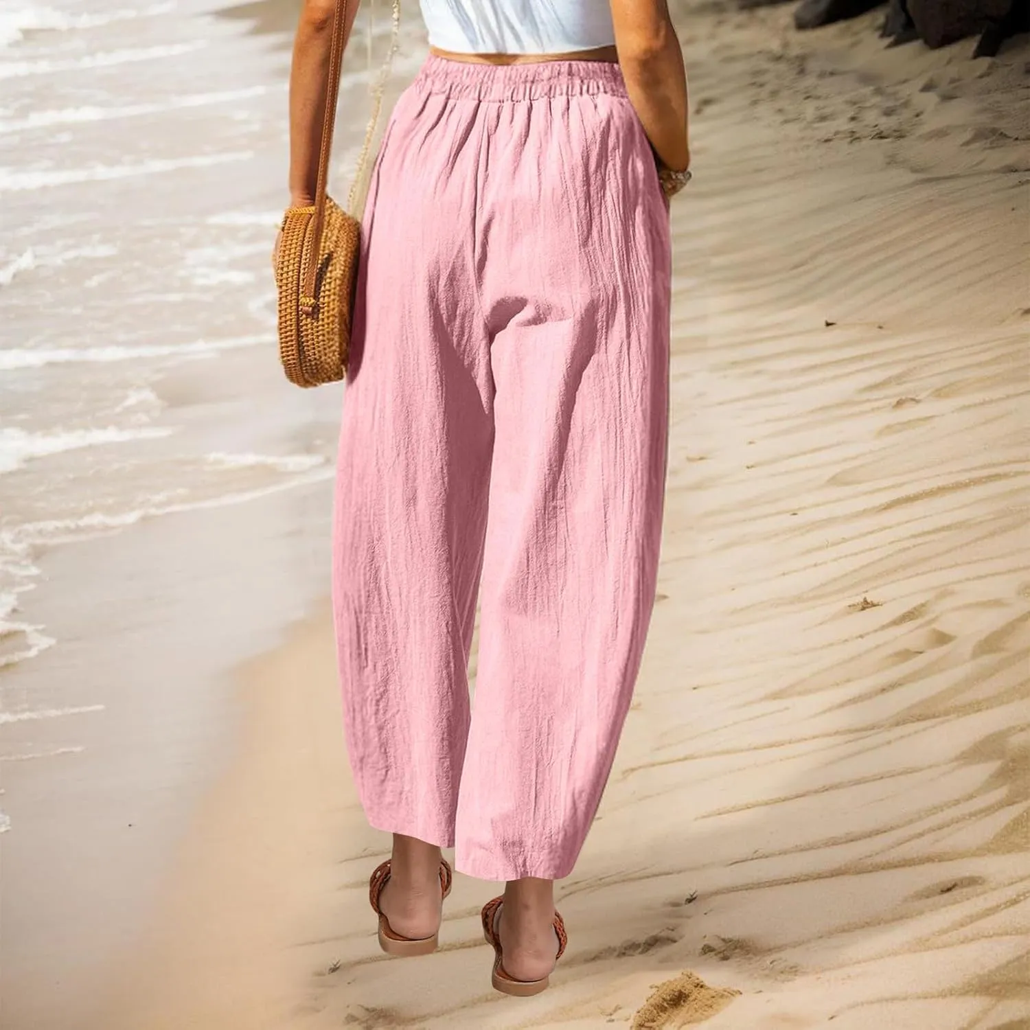 Summer Cotton Linen Pants Women Elastic Waist Straight Pant Wide Leg Beach Trousers Cozy Lightweight Resort Pants