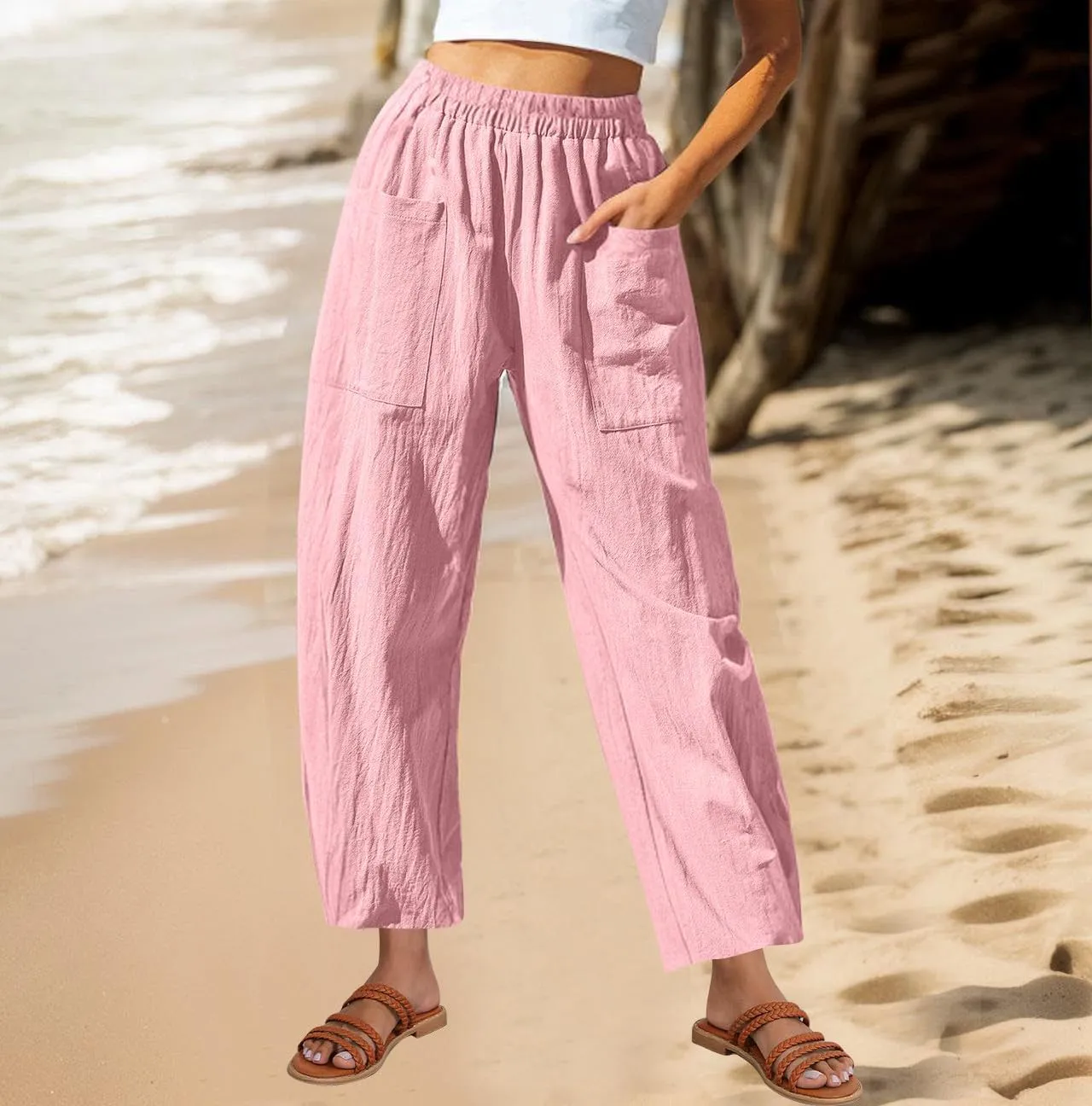 Summer Cotton Linen Pants Women Elastic Waist Straight Pant Wide Leg Beach Trousers Cozy Lightweight Resort Pants