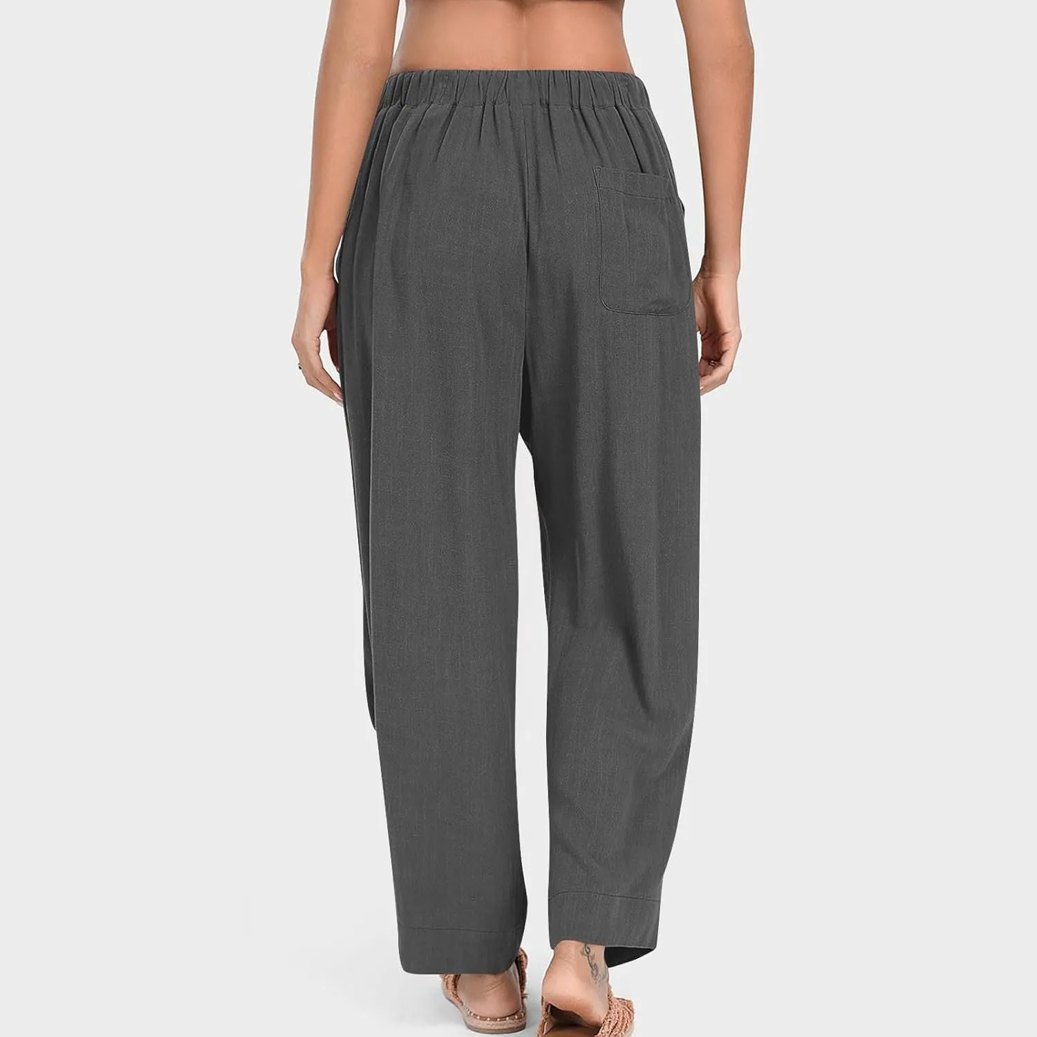 Summer Pants for Womens Cotton Linen Drawstring Straight Leg Trousers Loose Fit Breathable Outing Pants with Pockets