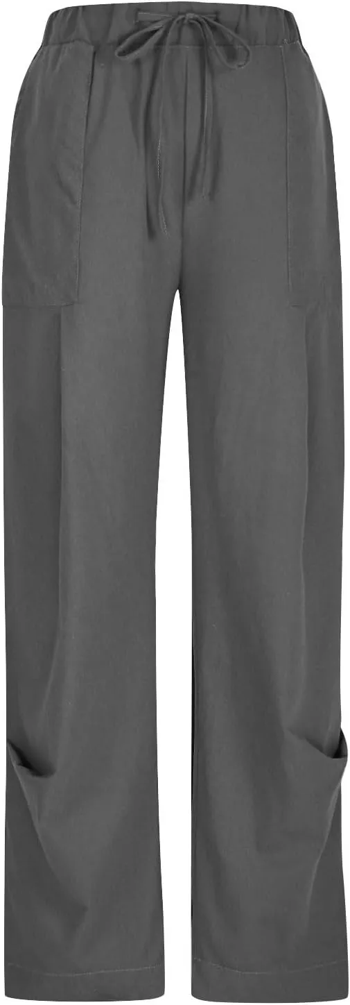 Summer Pants for Womens Cotton Linen Drawstring Straight Leg Trousers Loose Fit Breathable Outing Pants with Pockets