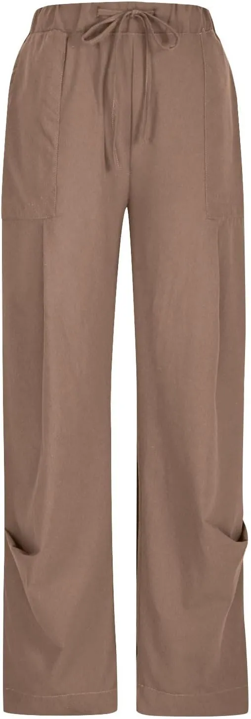 Summer Pants for Womens Cotton Linen Drawstring Straight Leg Trousers Loose Fit Breathable Outing Pants with Pockets