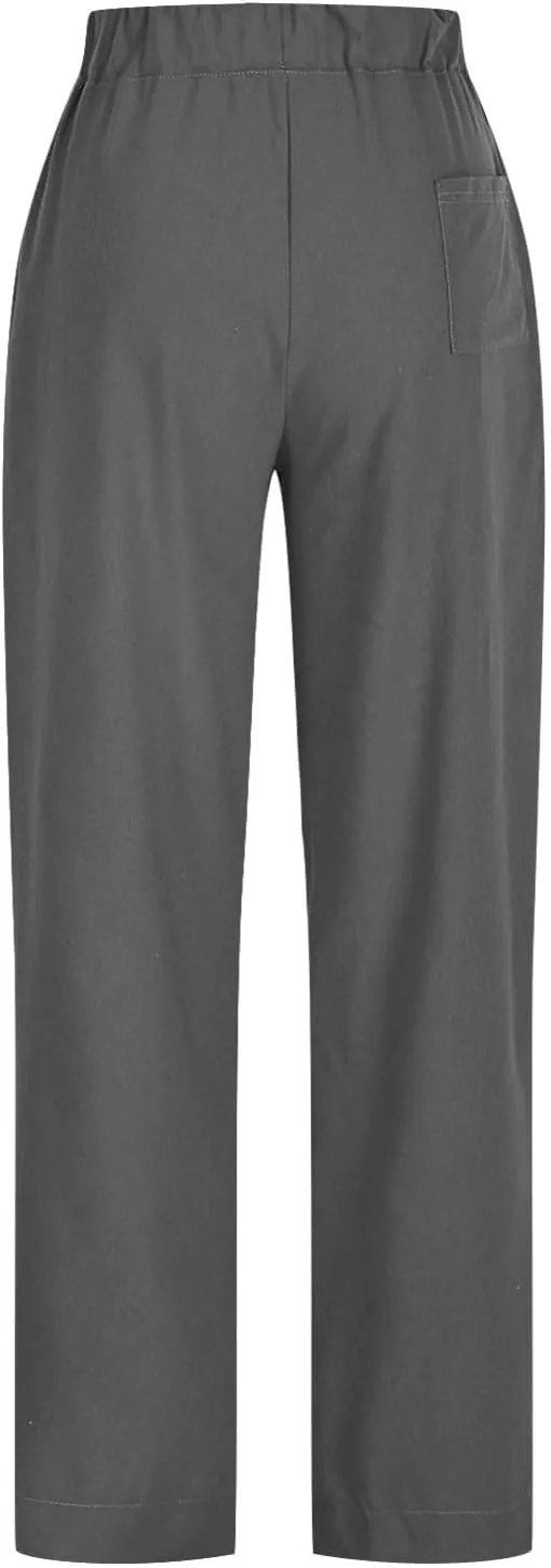 Summer Pants for Womens Cotton Linen Drawstring Straight Leg Trousers Loose Fit Breathable Outing Pants with Pockets