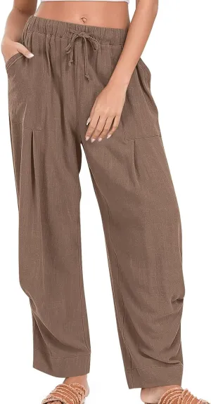 Summer Pants for Womens Cotton Linen Drawstring Straight Leg Trousers Loose Fit Breathable Outing Pants with Pockets