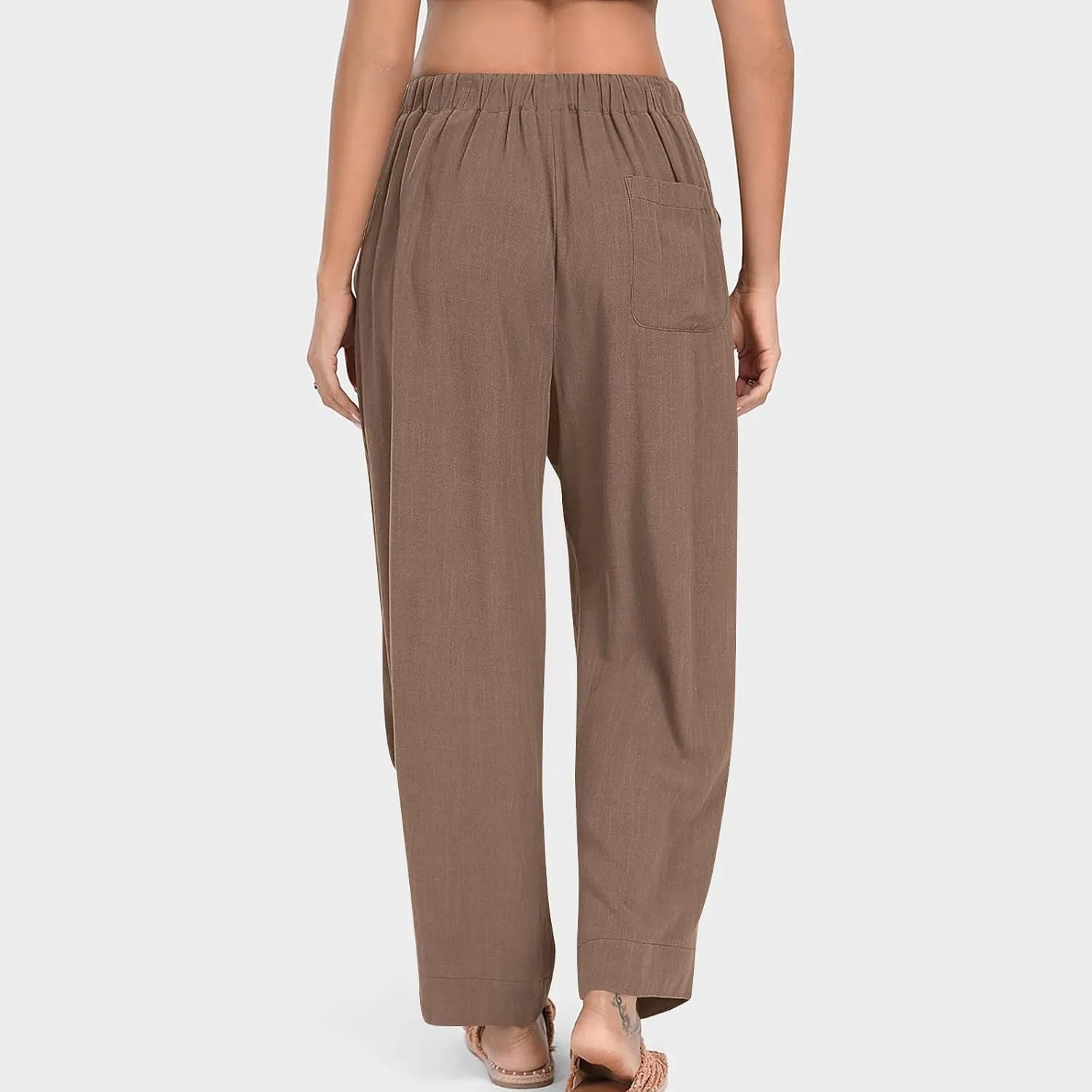 Summer Pants for Womens Cotton Linen Drawstring Straight Leg Trousers Loose Fit Breathable Outing Pants with Pockets