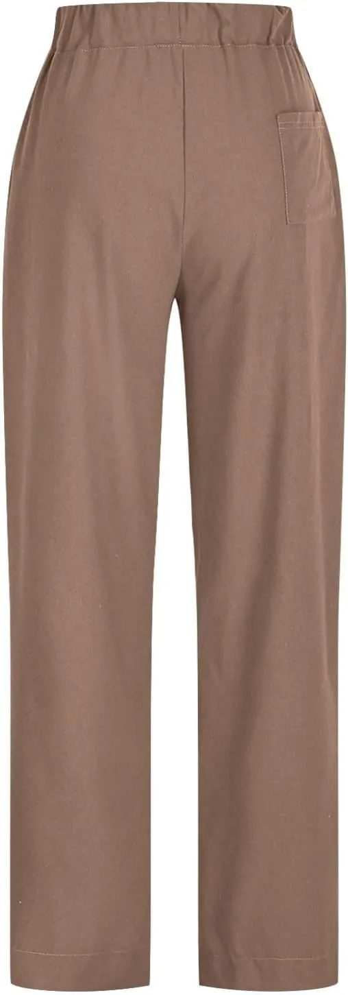 Summer Pants for Womens Cotton Linen Drawstring Straight Leg Trousers Loose Fit Breathable Outing Pants with Pockets