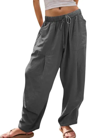 Summer Pants for Womens Cotton Linen Drawstring Straight Leg Trousers Loose Fit Breathable Outing Pants with Pockets